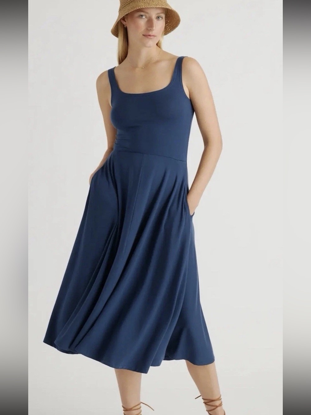 Quince Tencel Fit & Flare Dress Minimalist Quiet Luxury Stretch W/ Pockets Sz S
